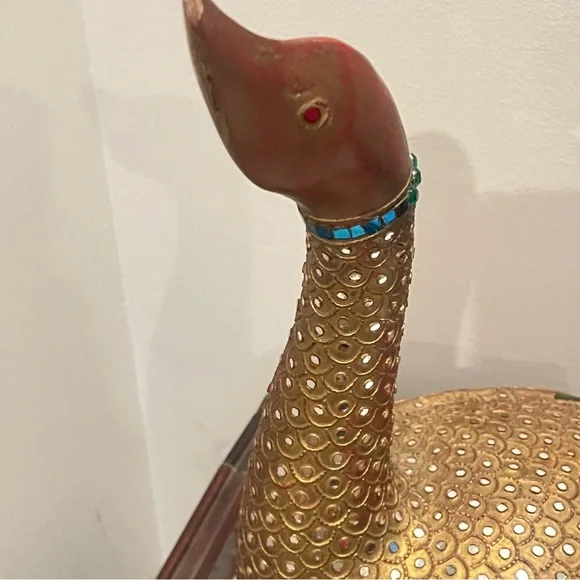 Folk Art Hand Carved Wood Decorated Golden Goose Sculpture Embossed Stone Carved - Picture 6 of 12